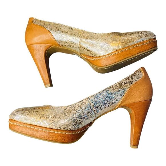 ANTHROPOLOGIE SCHULER and Sons Philadelphia Leather Metallic Gold Pumps High Hee - Picture 1 of 10